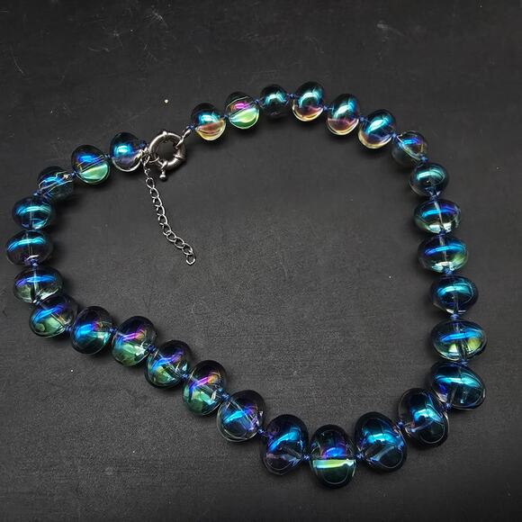 Blue Glass Aurora Borealis Beaded Necklace Iridescent Bubbles - Picture 3 of 8